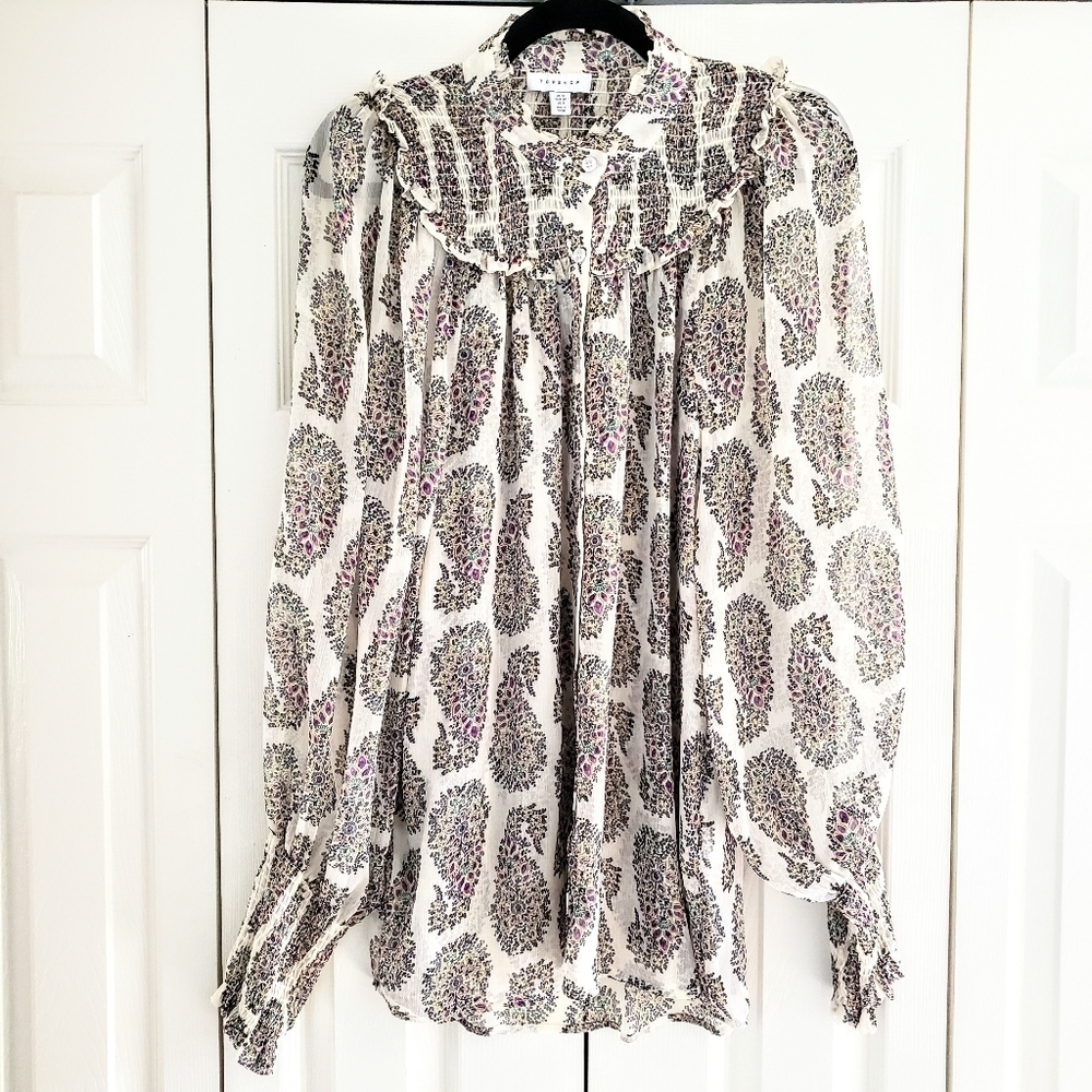 Topshop Cream Paisley Ruffle Long-Sleeve Blouse with Pink Accents